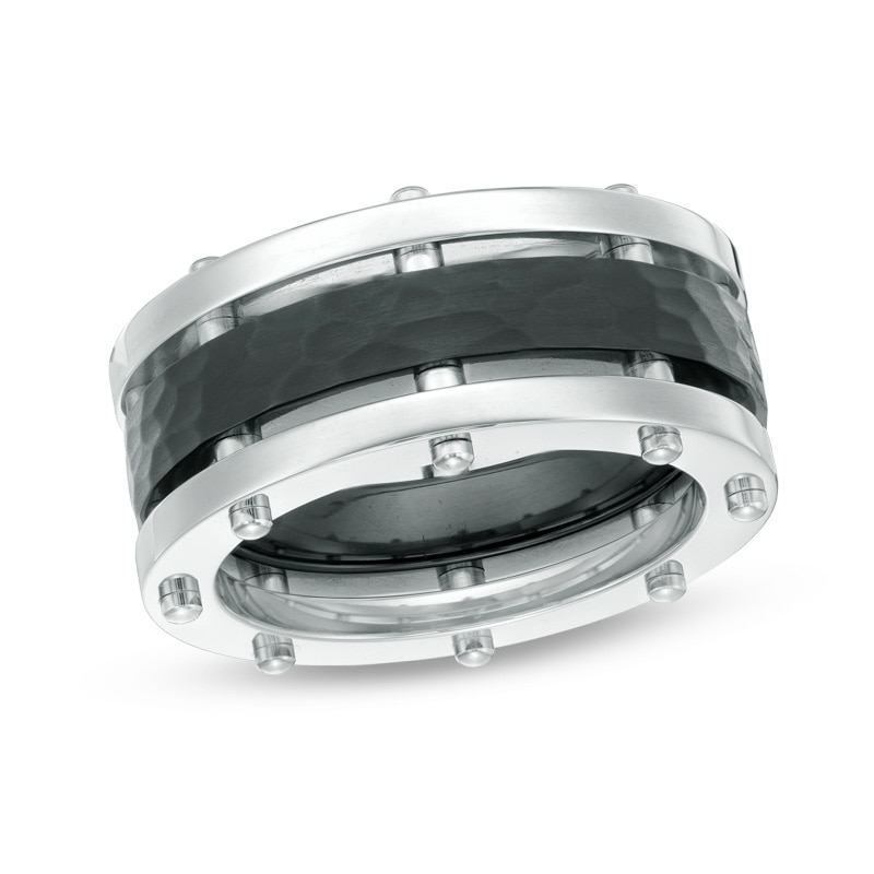 Main Image 1 of Previously Owned - 10.0mm Hammered center with Rivets Wedding Band in Two-Tone Stainless Steel