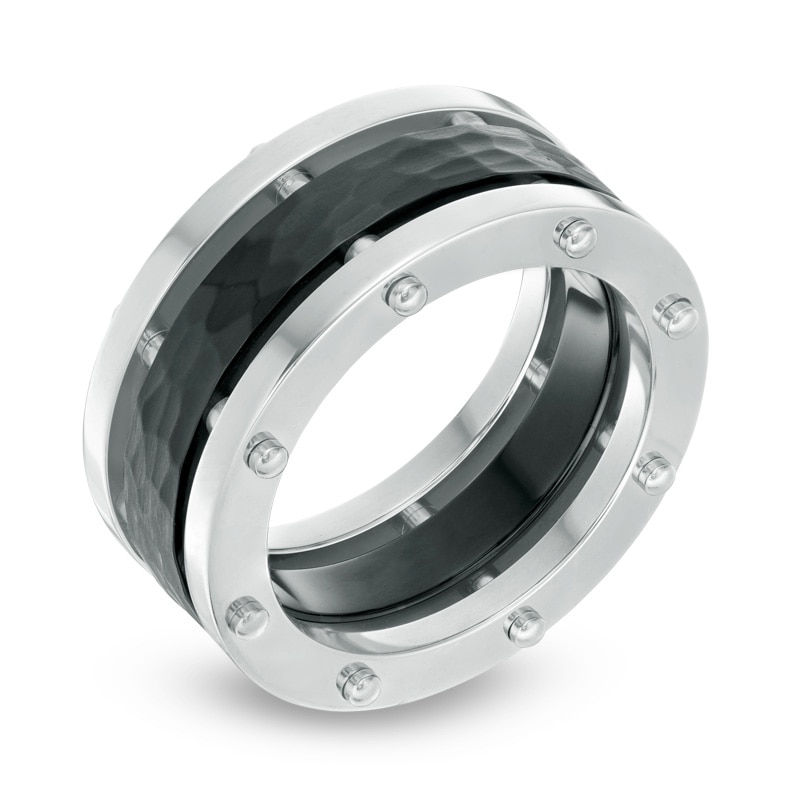 Main Image 2 of Previously Owned - 10.0mm Hammered center with Rivets Wedding Band in Two-Tone Stainless Steel