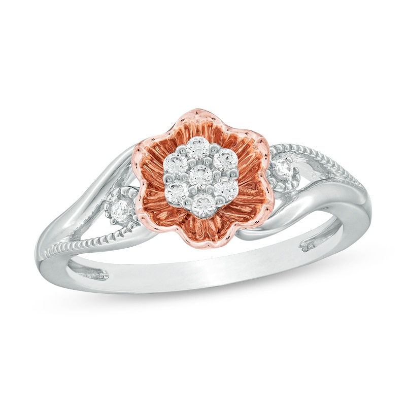 Main Image 1 of Previously Owned - 1/8 CT. T.W. Composite Diamond Flower Promise Ring in Sterling Silver with 10K Rose Gold Plate