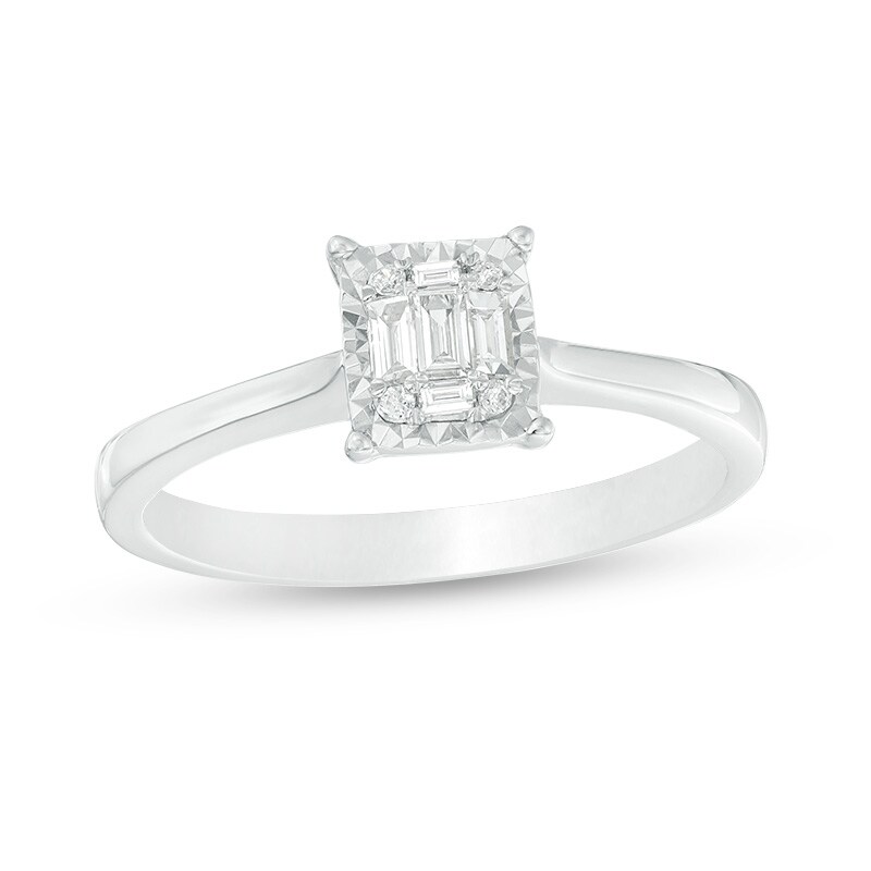 Main Image 1 of Previously Owned - 1/10 CT. T.W. Baguette and Round Composite Diamond Promise Ring in Sterling Silver