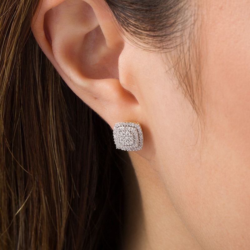 Main Image 2 of Previously Owned - 3/8 CT. T.W. Composite Diamond Double Cushion Frame Stud Earrings in 10K Gold