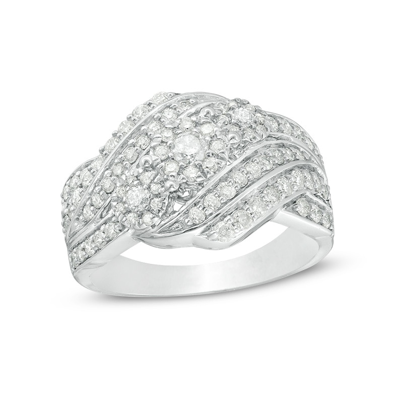 Main Image 1 of Previously Owned - 1 CT. T.W. Composite Diamond Three Stone Swirl Bypass Ring in Sterling Silver