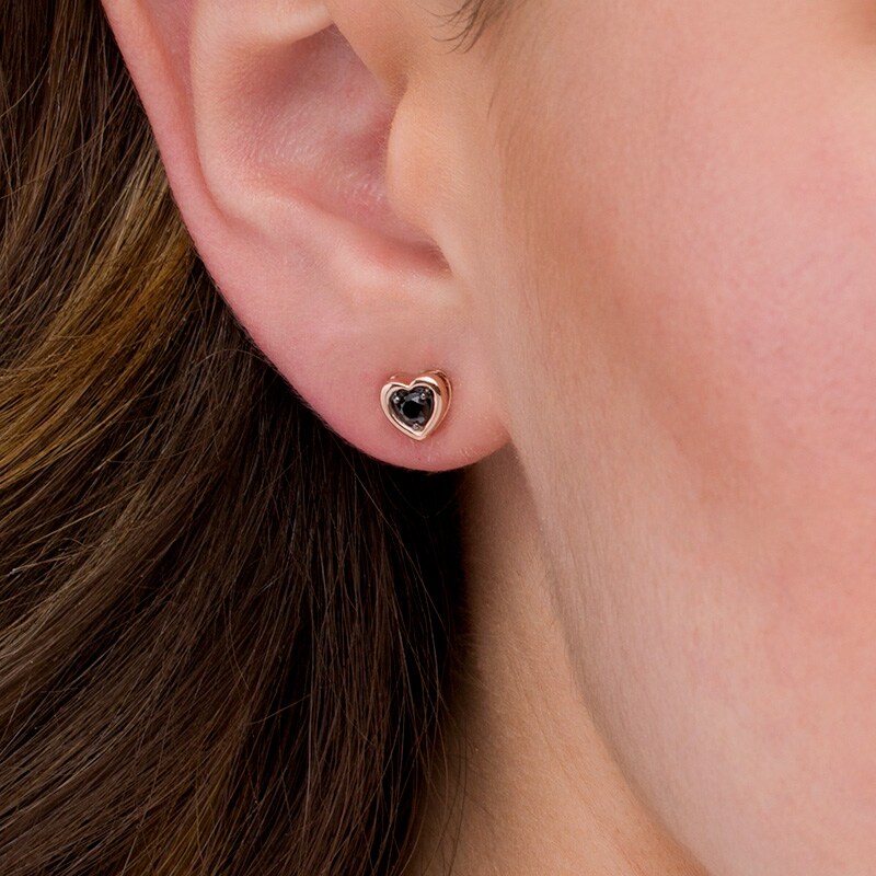 Main Image 2 of Previously Owned - 1/4 CT. T.W. Black Diamond Solitaire Heart Stud Earrings in 10K Rose Gold