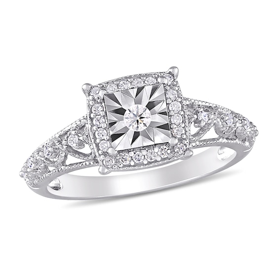 Previously Owned - 1/5 CT. T.w. Diamond Square Frame Vintage-Style Promise Ring in Sterling Silver