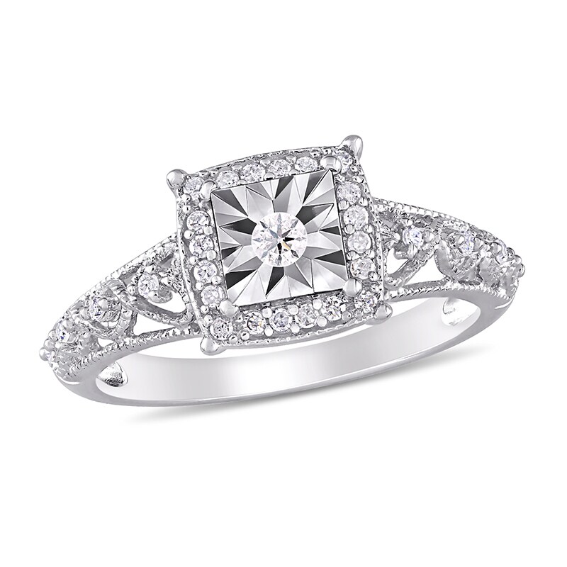 Main Image 1 of Previously Owned - 1/5 CT. T.W. Diamond Square Frame Vintage-Style Promise Ring in Sterling Silver