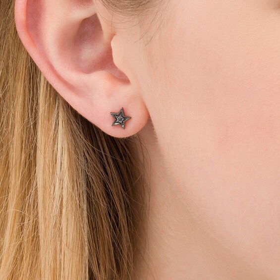 Previously Owned - Black and White Diamond Accent Moon/Star Mismatch Stud Earrings in Sterling Silver with Black Rhodium