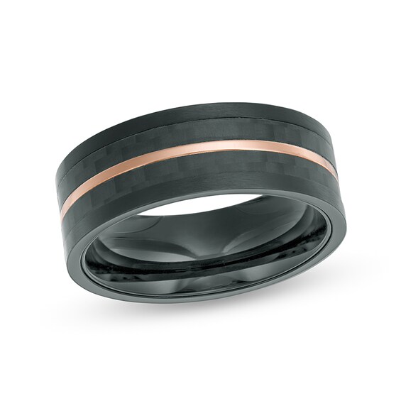 Previously Owned - 8.0mm Checker Pattern Grooved Wedding Band in Black and Rose IP Stainless Steel