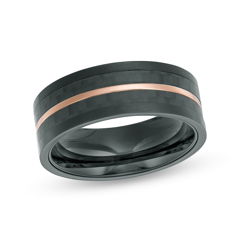 Main Image 1 of Previously Owned - 8.0mm Checker Pattern Grooved Wedding Band in Black and Rose IP Stainless Steel