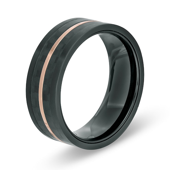 Previously Owned - 8.0mm Checker Pattern Grooved Wedding Band in Black and Rose IP Stainless Steel