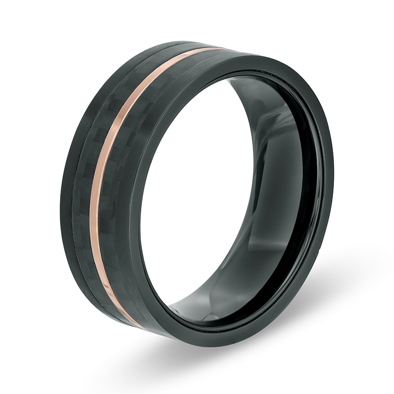 Main Image 2 of Previously Owned - 8.0mm Checker Pattern Grooved Wedding Band in Black and Rose IP Stainless Steel