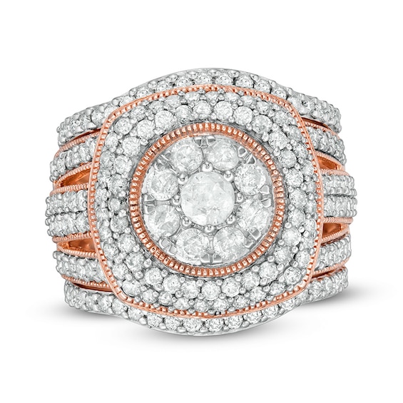 Previously Owned - 2-1/4 CT. T.w. Multi-Diamond Frame Multi-Row Vintage-Style Three Piece Bridal Set in 10K Rose Gold