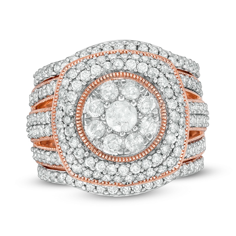 Main Image 1 of Previously Owned - 2-1/4 CT. T.W. Multi-Diamond Frame Multi-Row Vintage-Style Three Piece Bridal Set in 10K Rose Gold