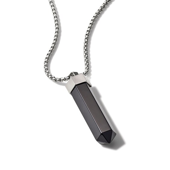 Previously Owned - Bulova Jewelry Onyx Obelisk Pendant in Stainless Steel - 28"