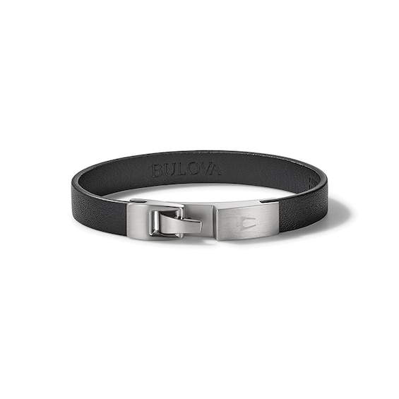 Previously Owned - Bulova Jewelry 1.57mm Black Leather Bracelet with Stainless Steel Clasp - 8.5"