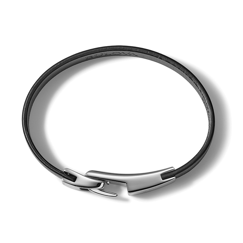 Main Image 2 of Previously Owned - Bulova Jewelry 1.57mm Black Leather Bracelet with Stainless Steel Clasp - 8.5&quot;