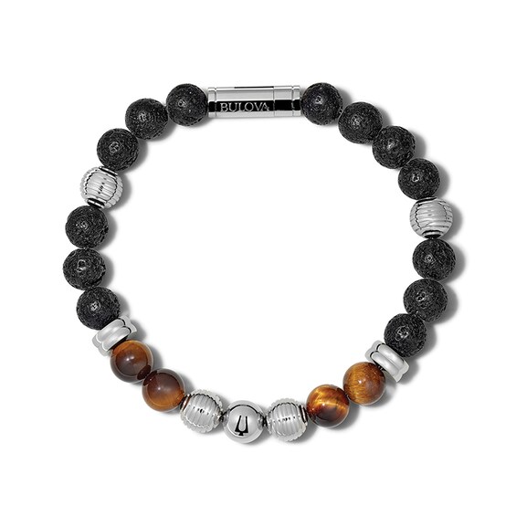Previously Owned - Bulova Jewelry 8.3mm Tiger's Eye, Lava Stone and Stainless Steel Bead Bracelet - 7.75"