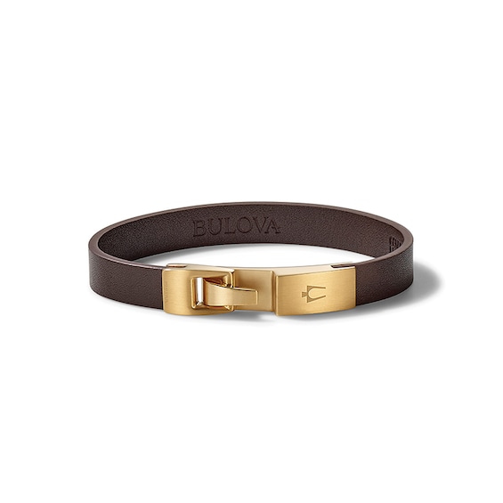 Previously Owned - Bulova Jewelry 1.57mm Brown Leather Bracelet with Yellow IP Stainless Steel Clasp - 8.5"