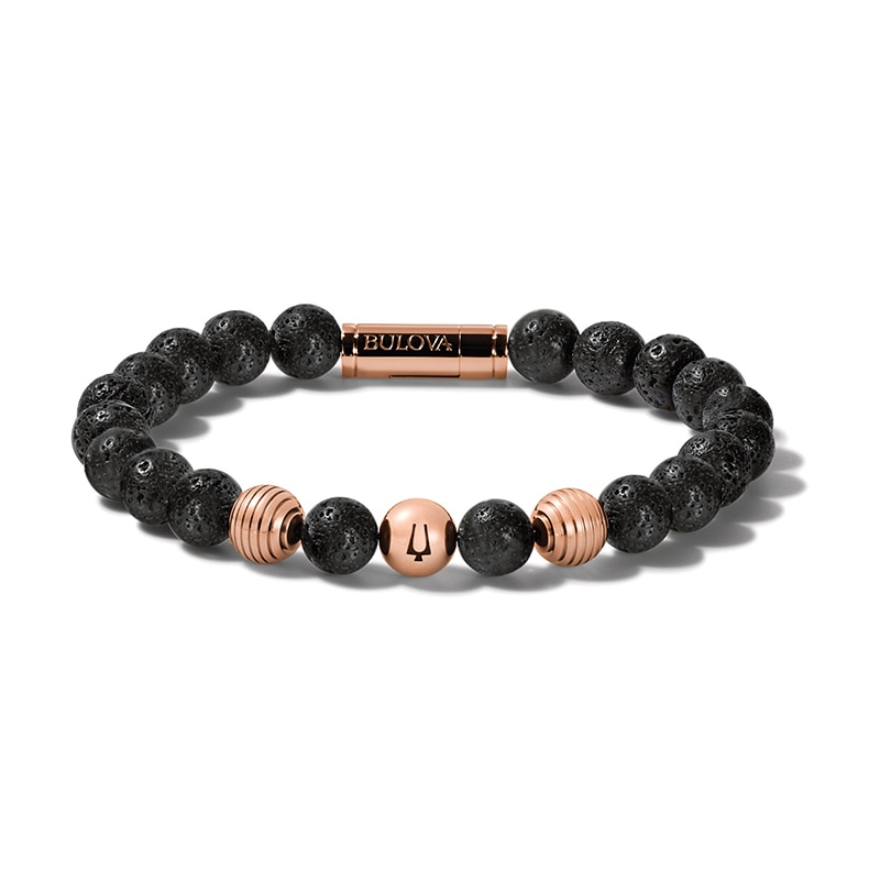 Main Image 1 of Previously Owned - Bulova Jewelry Latin GRAMMY AWARDS® 8.3mm Stainless Steel and Lava Stone Bead Bracelet - 7.5&quot;