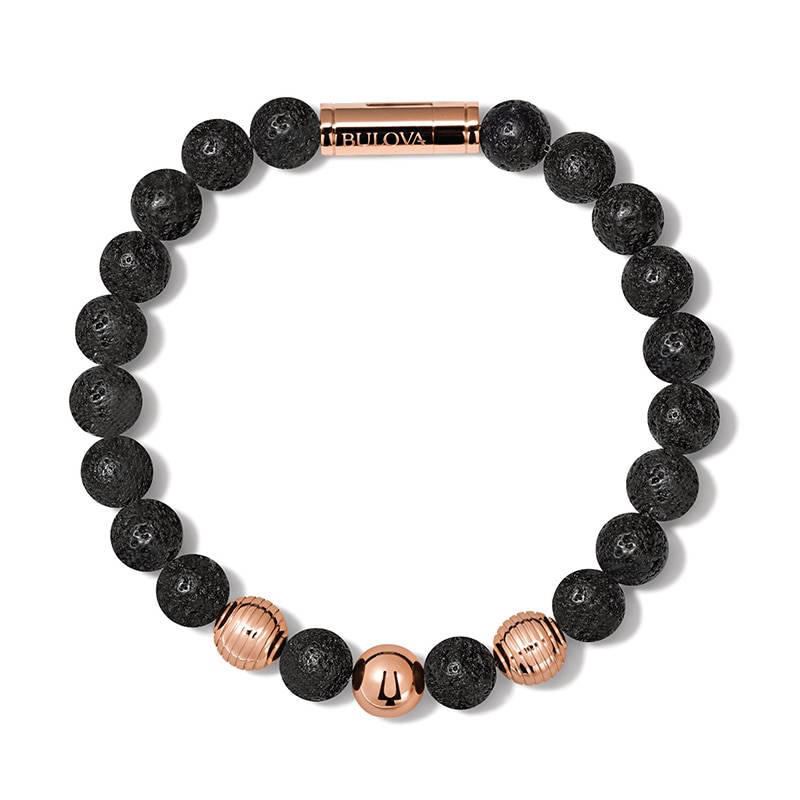 Main Image 2 of Previously Owned - Bulova Jewelry Latin GRAMMY AWARDS® 8.3mm Stainless Steel and Lava Stone Bead Bracelet - 7.5&quot;