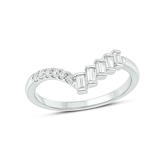 Previously Owned - 1/5 CT. T.w. Baguette and Round Diamond Chevron Ring in 10K White Gold
