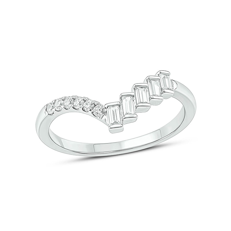 Main Image 1 of Previously Owned - 1/5 CT. T.W. Baguette and Round Diamond Chevron Ring in 10K White Gold
