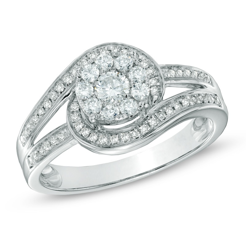 Main Image 1 of Previously Owned - 1/2 CT. T.W. Diamond Cluster Swirl Engagement Ring in 14K White Gold