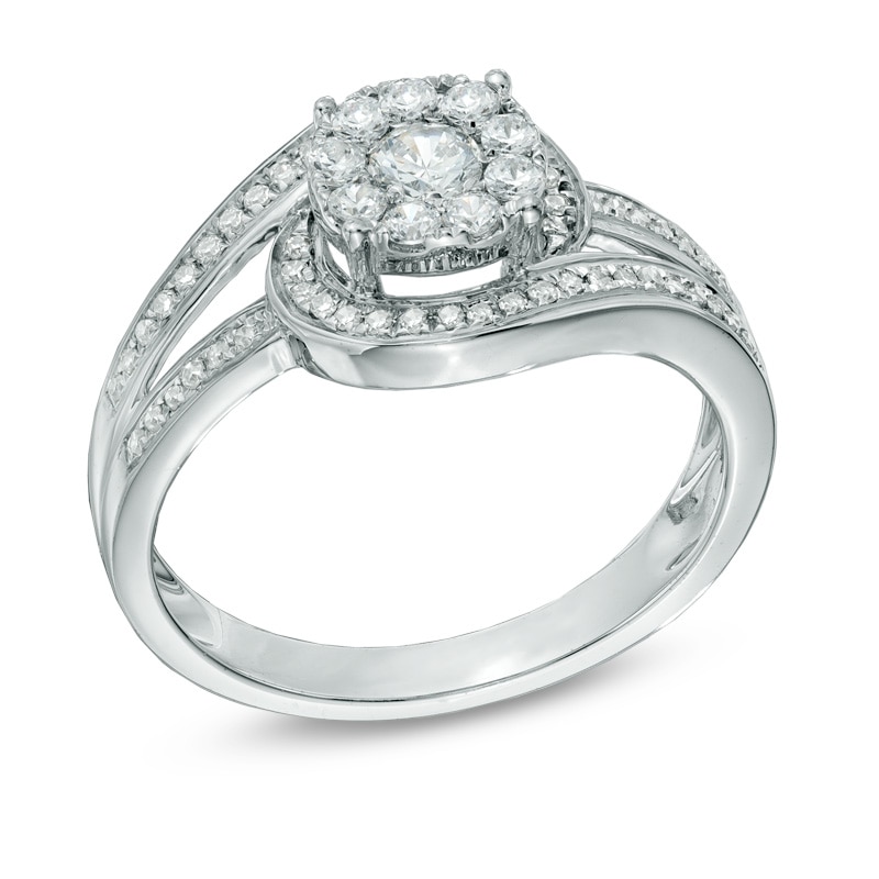 Main Image 2 of Previously Owned - 1/2 CT. T.W. Diamond Cluster Swirl Engagement Ring in 14K White Gold