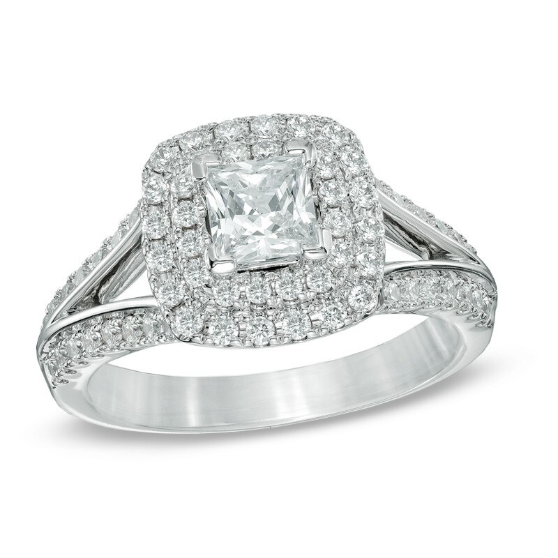 Main Image 1 of Previously Owned - Celebration Fire™ 1-1/4 CT. T.W. Princess-Cut Diamond Frame Engagement Ring in 14K White Gold