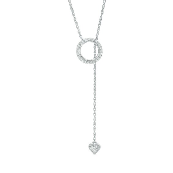 Previously Owned - 1/8 CT. T.w. Diamond Circle and Heart "Y" Necklace in 14K White Gold - 24"