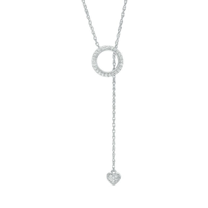 Main Image 1 of Previously Owned - 1/8 CT. T.W. Diamond Circle and Heart "Y" Necklace in 14K White Gold - 24"