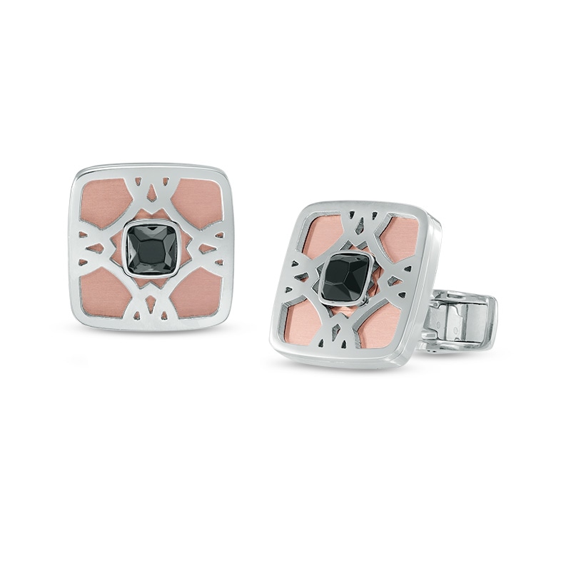 Main Image 1 of Previously Owned - Cushion-Cut Lab-Created Black Spinel Tribal-Style Cuff Links in Two-Tone Stainless Steel