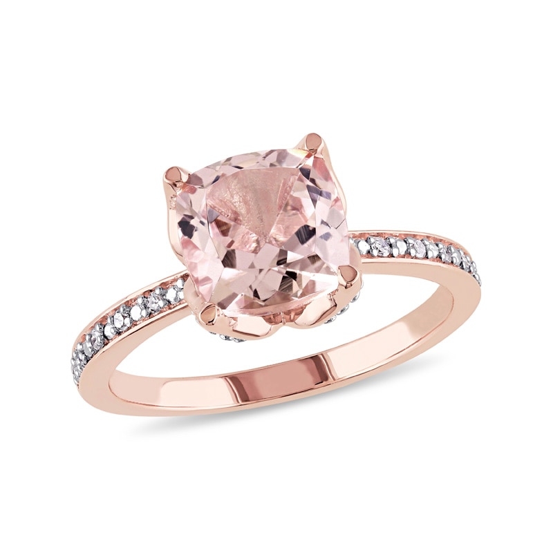 Main Image 1 of Previously Owned - 8.0mm Cushion-Cut Morganite and Diamond Accent Engagement Ring in 10K Rose Gold