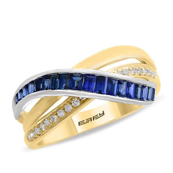 Previously Owned - Effyâ¢ Collection Baguette Blue Sapphire and 1/15 CT. T.w. Diamond Crossover Ring in 14K Two-Tone Gold