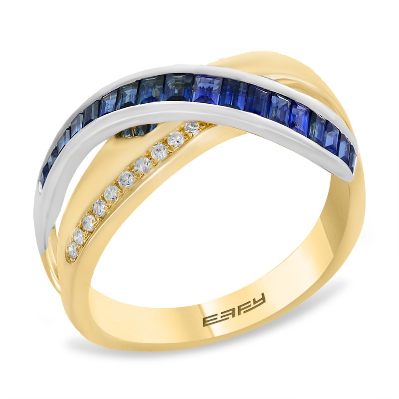 Main Image 2 of Previously Owned - EFFY™ Collection Baguette Blue Sapphire and 1/15 CT. T.W. Diamond Crossover Ring in 14K Two-Tone Gold