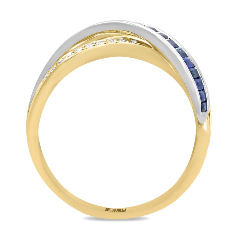 Main Image 3 of Previously Owned - EFFY™ Collection Baguette Blue Sapphire and 1/15 CT. T.W. Diamond Crossover Ring in 14K Two-Tone Gold
