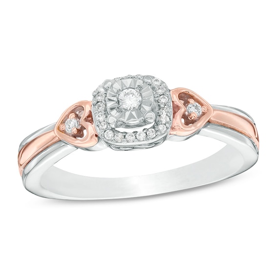 Previously Owned - 1/10 CT. T.w. Diamond Cushion Frame Heart-Sides Promise Ring in Sterling Silver and 10K Rose Gold