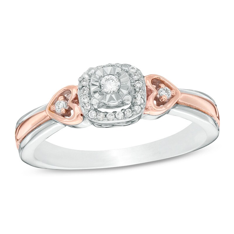 Main Image 1 of Previously Owned - 1/10 CT. T.W. Diamond Cushion Frame Heart-Sides Promise Ring in Sterling Silver and 10K Rose Gold