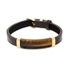 Thumbnail Image 1 of Previously Owned - Rectangle Tiger's Eye and Brown Leather Bracelet in Stainless Steel with Yellow IP - 9.5"