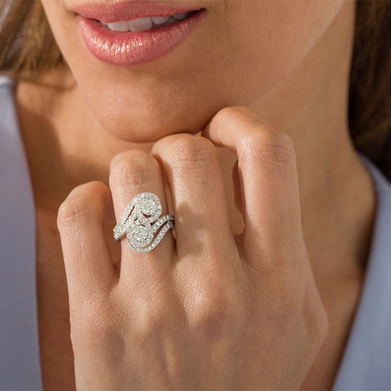 Main Image 3 of Previously Owned - Ever Us® 2 CT. T.W. Two-Stone Diamond Bypass Frame Ring in 14K White Gold