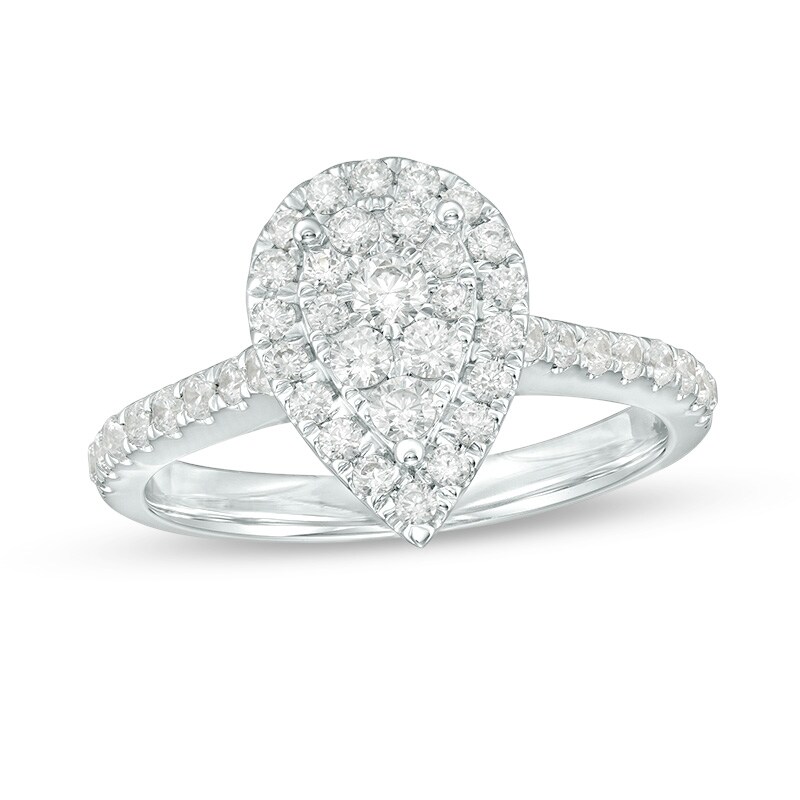 Main Image 1 of Previously Owned - 3/4 CT. T.W. Composite Diamond Pear-Shaped Frame Engagement Ring in 10K White Gold