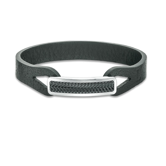 Previously Owned - Leather Strap Bracelet with Ribbed Bar Stainless Steel and Black IP Clasp - 9.0"