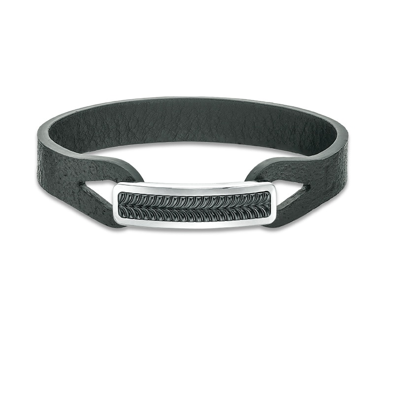 Previously Owned - Men's Leather Strap Bracelet with Ribbed Bar Stainless Steel and Black IP Clasp - 9.0"