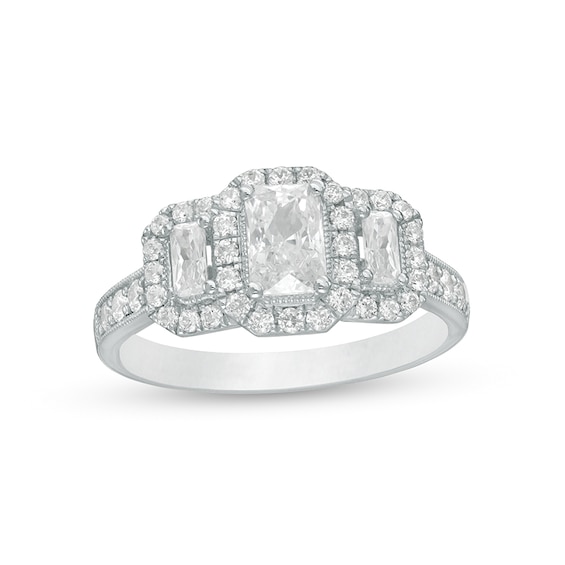 Previously Owned - 1-1/2 CT. T.w. Emerald-Cut Diamond Past Present FutureÂ® Vintage-Style Ring in 14K White Gold
