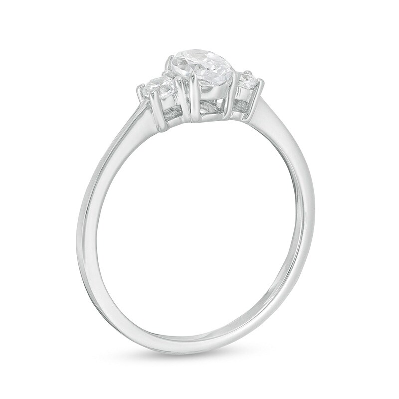 Main Image 3 of Previously Owned - 5/8 CT. T.W. Oval and Round Diamond Three Stone Engagement Ring in 14K White Gold