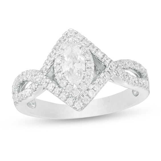 Previously Owned - 3/4 CT. T.w. Marquise Diamond Frame Twist Shank Engagement Ring in 14K White Gold