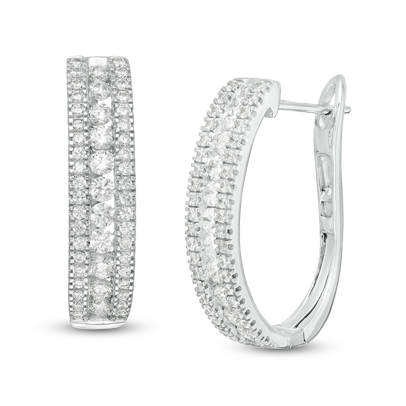 Main Image 1 of Previously Owned - 2 CT. T.W. Diamond Multi-Row Oval Hoop Earrings in 10K White Gold