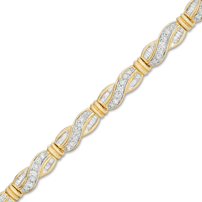 Main Image 1 of Previously Owned - 2 CT. T.W. Baguette and Round Diamond Crossover Link Bracelet in 10K Gold - 7.5"