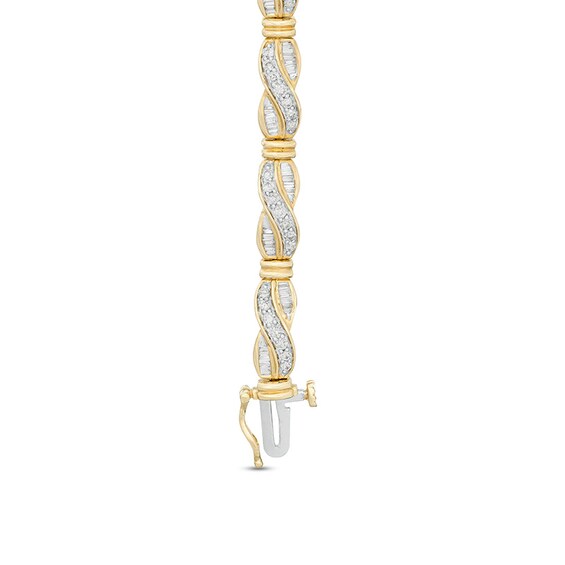 Previously Owned - 2 CT. T.w. Baguette and Round Diamond Crossover Link Bracelet in 10K Gold - 7.5"
