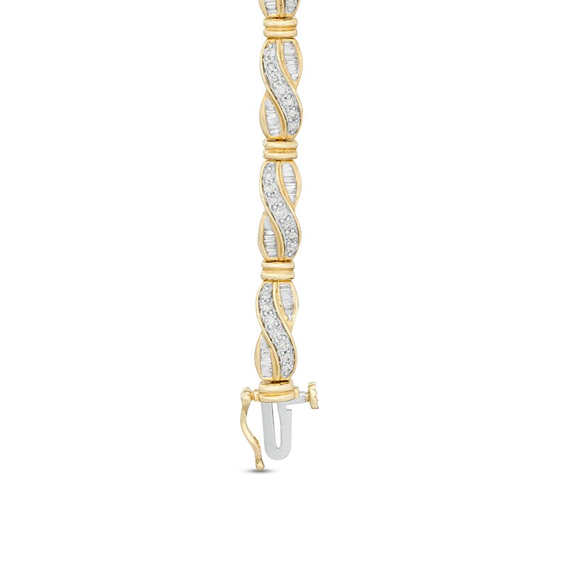 Main Image 2 of Previously Owned - 2 CT. T.W. Baguette and Round Diamond Crossover Link Bracelet in 10K Gold - 7.5"