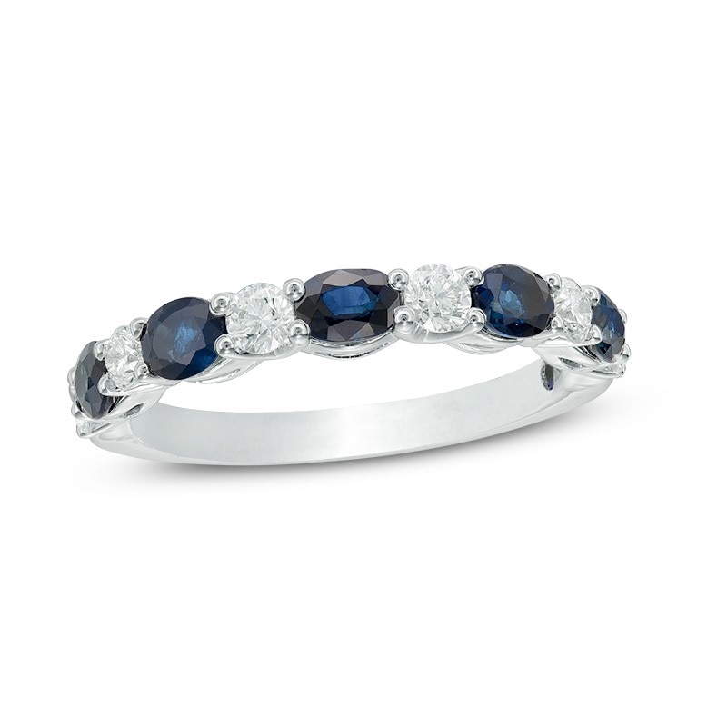 Main Image 1 of Previously Owned - Vera Wang Love Collection Blue Sapphire and 3/8 CT. T.W. Diamond Alternating Band in 14K White Gold